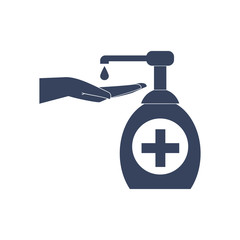 Hand and hygiene product, liquid soap, sanitizer or antibacterial antiseptic gel. Icon, symbol or sign. Isolated vector illustration, monochrome image