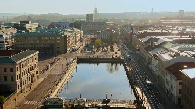 Aerial bird's eye view of central Gothenburg Sweden on sunny morning