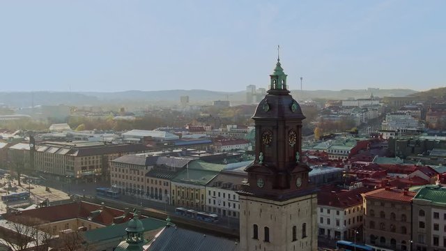 Aerial dolly shot of central Gothenburg Sweden on spring morning