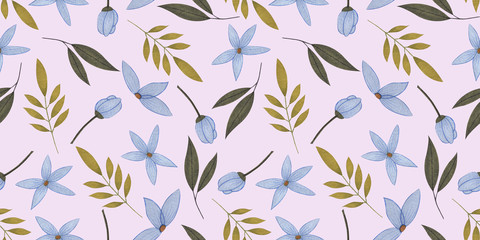 Watercolor Seamless pattern with flowers and herbs in vintage style for fabrics, paper, isolated on white background for cute postcard, logo, for the design of a children`s room, for invitations