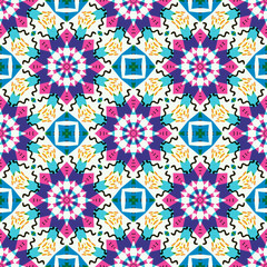 Seamless colorful patchwork in turkish style. Islam, Arabic, Indian, ottoman motifs. Endless pattern can be used for ceramic tile, wallpaper, linoleum, textile, web page background. illustration