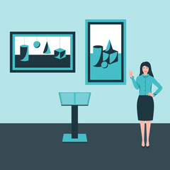 Actions in a Museum or exhibition. A girl in a skirt talks about abstract paintings hanging on the wall with her hand and index finger raised in the air. Monochrome blue color scheme. Vector Concept