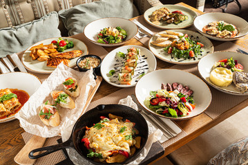 Christmas banquet  with many dishes, top view