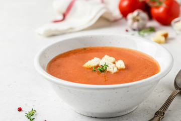 Creamy tomato soup. Selective focus, copy spce.
