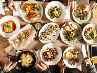 Christmas banquet  with many dishes, top view