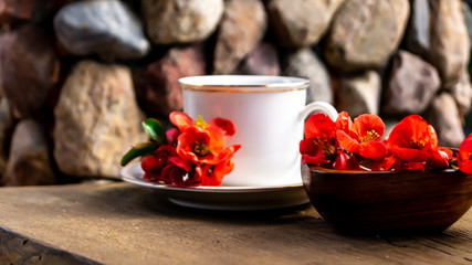 white porcelain cup with tea and red quince flowers on a wooden table in the garden