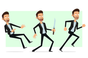 Cartoon flat funny cute bearded rock and roll man character in leather jacket. Ready for animation. Thief boy running and falling with knife. Isolated on white background. Vector icon set.