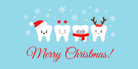 Fototapeta na wymiar Cute smile teeth with xmas accessories on Merry Christmas dentist greeting card.