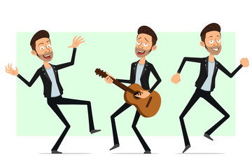 Cartoon flat funny cute bearded rock and roll man character in leather jacket. Ready for animation. Smiling boy playing on guitar and dancing. Isolated on white background. Vector icon set.