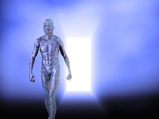 Cyborg man comes out of the door of light