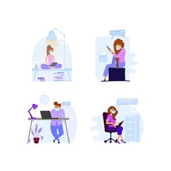 People working from home or office on quarantined masked tablets, as well as reading news about the economy or coronovirus ..