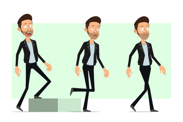 Obraz premium Cartoon flat funny cute bearded rock and roll man character in leather jacket. Ready for animation. Successful boy walking to his goal. Isolated on white background. Vector icon set.