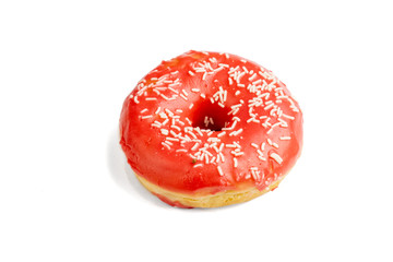 Pink Doughnut cut out standing on white background with shadow.