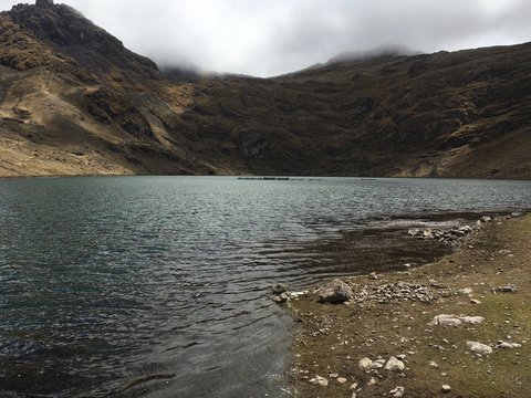 Beautiful tranquil lagoon in secred valley Peru, calm quite background, panoramic view with magician lake