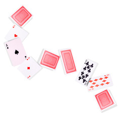Flying playing cards for poker game on white background.