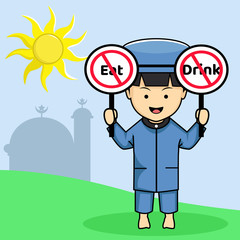 Cute Illustration of A Muslim Boy Holding Warning Sign