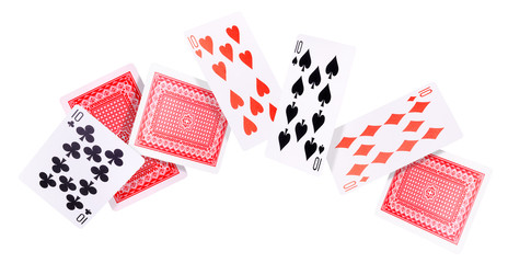 Flying playing cards for poker game on white background.