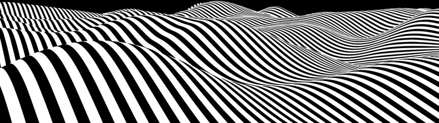 Fototapeta premium Abstract wave of white and black curved lines. Hallucination. Optical illusion. Twisted illustration. Futuristic background of lines. Dynamic wave. Vector.