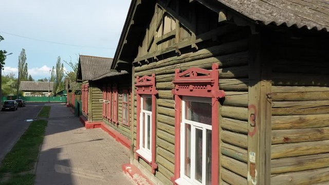 House of an old wooden building of Gomel. A cozy constructivist corner of old Gomel. Wooden constructivist building on Pushkin Lane No. 3, in Gomel.

