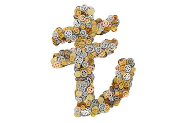 Lira symbol from cogwheels, 3D rendering
