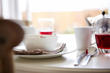 Breakfast served on table in the morning