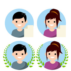 Set of avatars of man and woman in circle. New file icon. Guy and girl. Social network elements and applications. Happy face of character. Cartoon flat illustration. Green Laurel wreath of winner