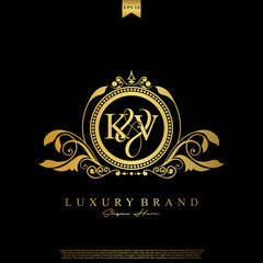 Logo Initial letter KV luxury vector mark, gold color elegant classical symmetric curves decor.