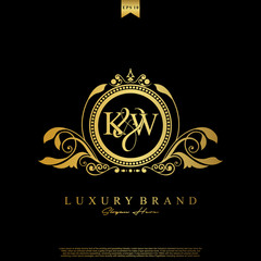 Logo Initial letter KW luxury vector mark, gold color elegant classical symmetric curves decor.