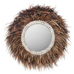mirror in feather and shell brown frame isolated on white background. Details of modern boho bohemian tribal ethno style, eco friendly design interior - 346264333