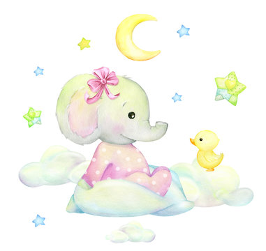 Cute baby elephant in pink pyjamas. Clouds, duckling, moon, stars. Watercolor drawing on an isolated background. © Natalia