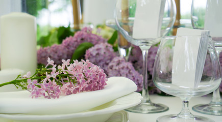 Festive table decoration in Lilac colours. Wedding decorations