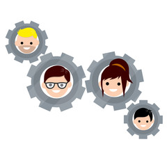 Gears with faces of men and women. Social life. Concept of successful love relationship. Romantic mechanism. Head guy and girls. Boyfriend and girlfriend. Cartoon flat illustration