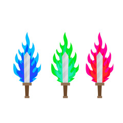 Fiery sword. Magic weapon of a knight, a sorcerer, a magician. Green acid and blue Fire spell. The medieval element of the game. Dangerous cold flames. Cartoon flat illustration. Burning blade.
