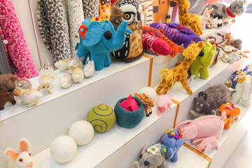 Various toys made of felted yak wool in a souvenir shop in Kathmandu city, Nepal.