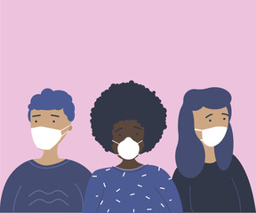 Young people protecting from coronavirus infection.Teenage characters group in prevention masks. Coronavirus control concept. Flat cartoon vector illustration.