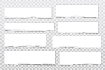 Torn of white note, notebook paper strips, pieces stuck with sticky tape on grey background. Vector illustration