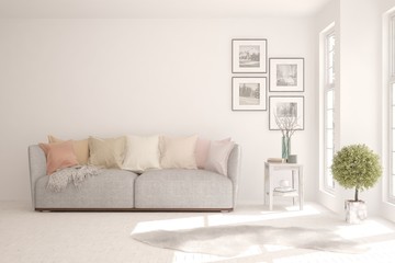 White living room with sofa. Scandinavian interior design. 3D illustration