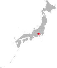 Yamanashi province highlighted red on Japan map. Gray background. Business concepts and backgrounds.