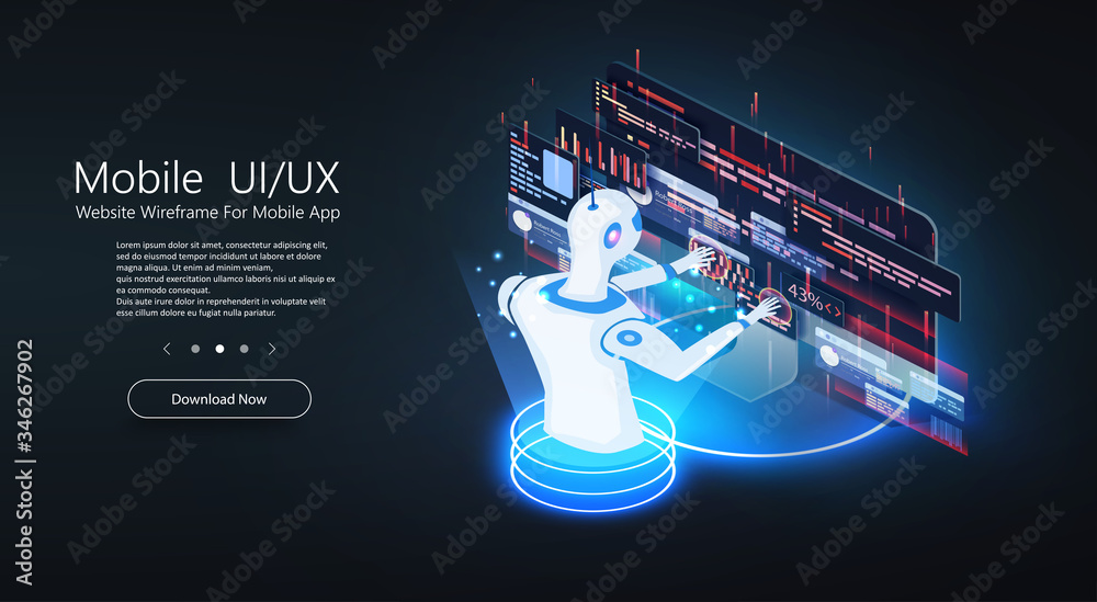 Poster Artificial intelligence provide access to information, education and data in online networks. Chatbot technology, isometric concept vector illustration. Robot head neuronet or ai technology background