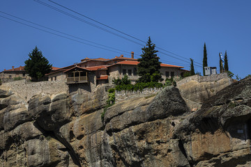 Monastery, located on rocky abyss top at height of more than 400 meters. Meteora is one of largest, most important complexes of Eastern Orthodox monasteries in Greece. Meteora, Peneas Valley, Greece.