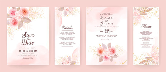 Elegant wedding invitation card template set with watercolor and floral decoration. Flowers background for social media stories, save the date, greeting, rsvp, thank you