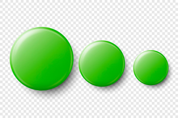 Vector 3d Realistic Green Metal, Plastic Blank Button Badge Set Different Sizes Closeup Isolated on Transparent Background. Top View. Template for Branding Identity, Graphic Presentations. Mock-up