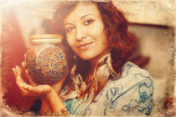 Woman in the kitchen with a cup of dry mint, old photo effect.