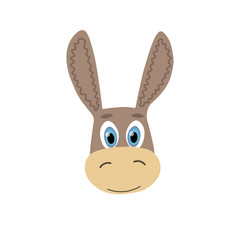 Colorful cute vector donkey face. One object on a white background. Cartoon flat  illustration. Emoji funny pet animal. Embarrassed smile emotion. Template icon. Logo, sticker.