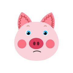 Colorful cute vector pig face. One object on a white background. Cartoon flat  illustration. Emoji funny pet animal. Embarrassed smile emotion. Template icon. Logo, sticker.