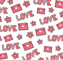 Pattern with love words, hearts, envelope, flowers. Valentine's Day pattern. Wrapping paper or fabric.