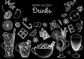 Mulled wine, winter hot drink. Hand drawn sketch. Vector illustration. Christmas invitation design template. Sketch collection. Christmas bar menu. Mulled wine, coffee and tea.