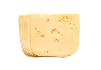 top view close-up of square cheese radamer slices isolated on a white background. Slices of swiss cheese.Maasdam - Dutch hard cheese with large holes.