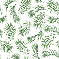 Fototapeta na wymiar Seamless pattern with watercolor palm leaves. Summer beach pattern. Vacation endless pattern. Perfect for website design, packaging, wrapping paper, invitation, textile, fabrics, print, wallpaper.