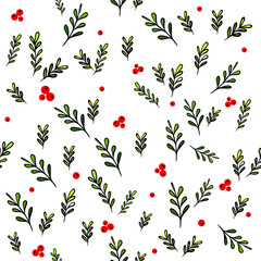 A seamless background of twigs with red berries. The cranberry pattern. Vector illustration